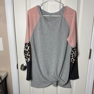Chic Gray and Pink Leopard Sleeve Top